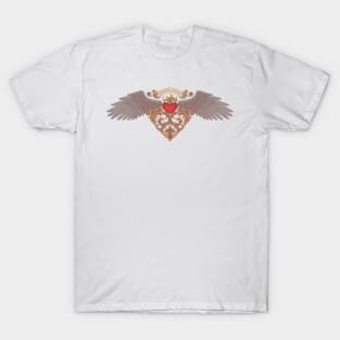 heart with torch, wings, banner and gold floral ornament, Vintage engraving drawing style, antique design vector illustration T-Shirt